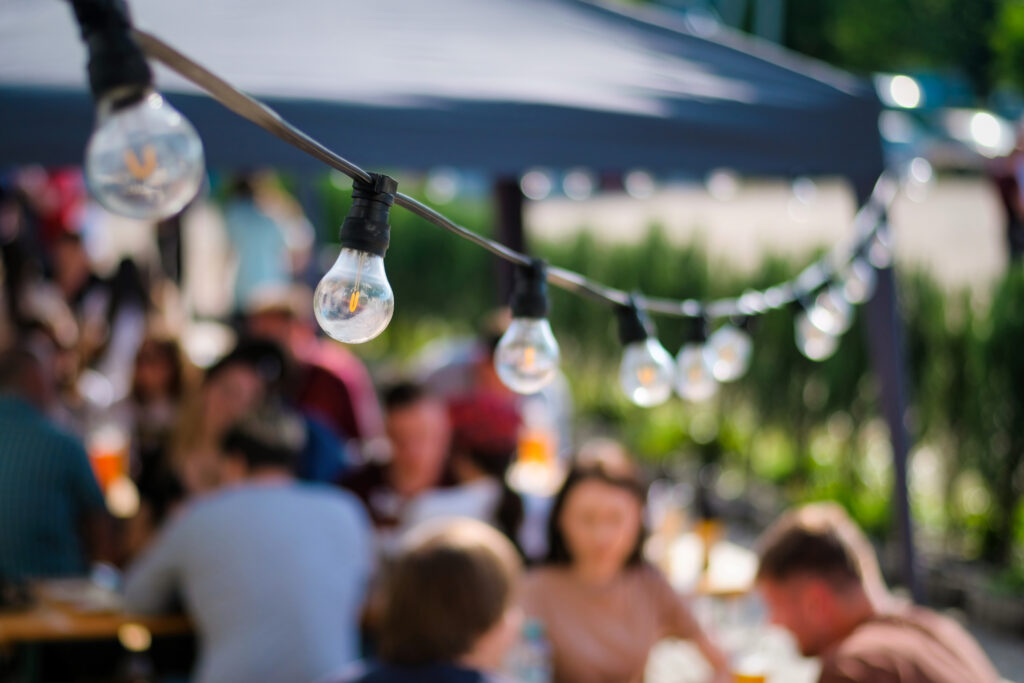 Hanged lamps at outdoor BBQ restaurant
